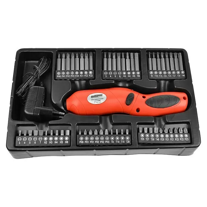 Brüder Mannesmann Caja para herramientas - L x An x Al: 26,5 x 40 x 27,5 cm, 155 pzs. - Set de destornillador inalámbrico naranja en estuche negro con varias puntas y cargador.