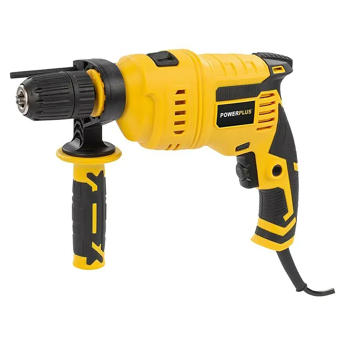 PowerPlus Taladro percutor POWX0265 - 800 W, 3.000 r.p.m., Número máx. de impactos: 48.000 /min - Un taladro de impacto POWERPLUS amarillo con mango y portabrocas negros. Perfecto para proyectos de bricolaje y aplicaciones profesionales.