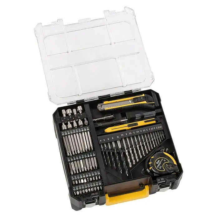 PowerPlus Taladro percutor POWX0265 - 800 W, 3.000 r.p.m., Número máx. de impactos: 48.000 /min - Una caja de herramientas abierta con diversas herramientas, incluidos destornilladores, brocas y una cinta métrica.