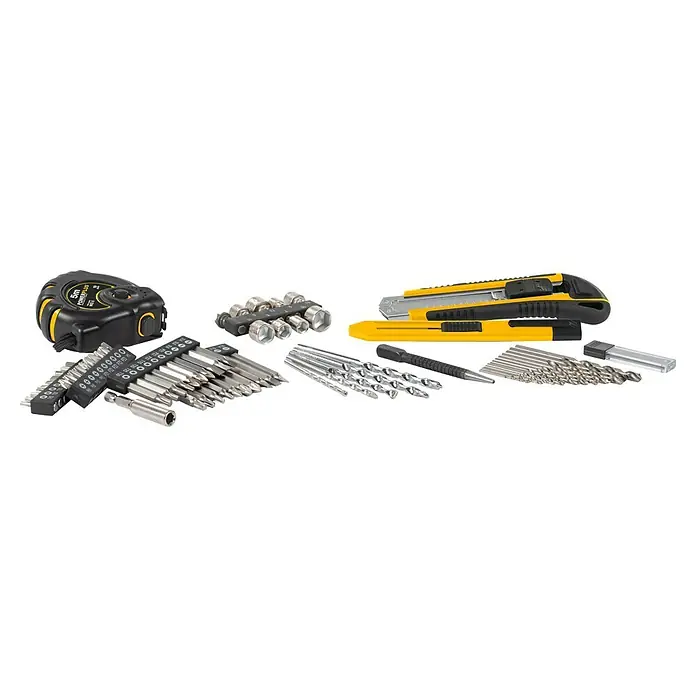 PowerPlus Taladro percutor POWX0265 - 800 W, 3.000 r.p.m., Número máx. de impactos: 48.000 /min - Un primer plano de varias herramientas, incluyendo un medidor de cinta, puntas de destornillador, dados, cuchillos y brocas.