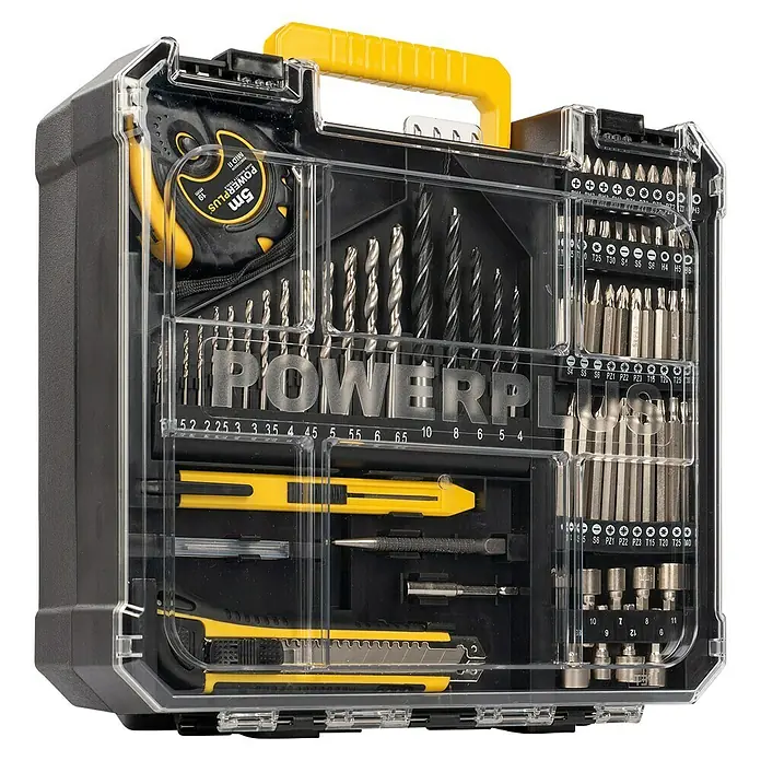 PowerPlus Taladro percutor POWX0265 - 800 W, 3.000 r.p.m., Número máx. de impactos: 48.000 /min - Un kit de herramientas Powerplus con mango amarillo, lleno de brocas, puntas de destornillador, un metro y cuchillos, presentado en una caja transparente.