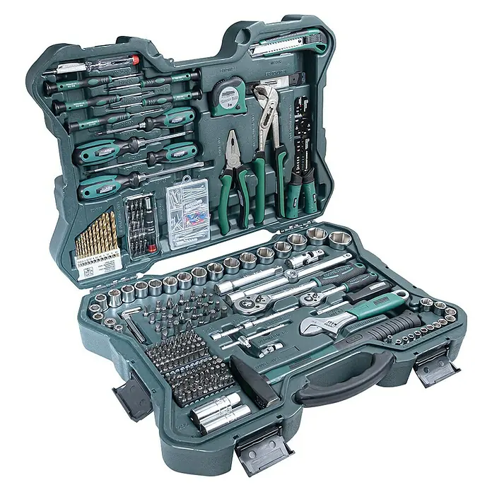 Brüder Mannesmann Werkzeugkoffer Green Line - L x B x H: 12,5 x 52 x 38 cm, 303 -tlg. - Kompakter Werkzeugkoffer, gefüllt mit einer Vielzahl von Werkzeugen, darunter Schraubendreher, Zangen, Steckschlüssel und mehr, für Heimwerker und Profis.