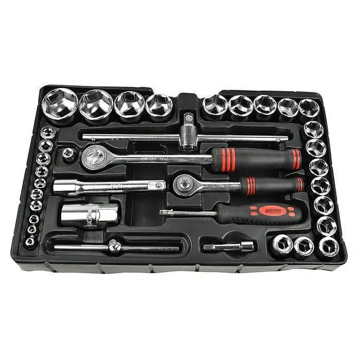 Brüder Mannesmann Werkzeugkasten - L x B x H: 26,5 x 40 x 27,5 cm, 155 -tlg. - Werkzeugkasten-Set mit Ratschen, Stecknüssen und Verlängerungen für verschiedene Reparaturarbeiten.