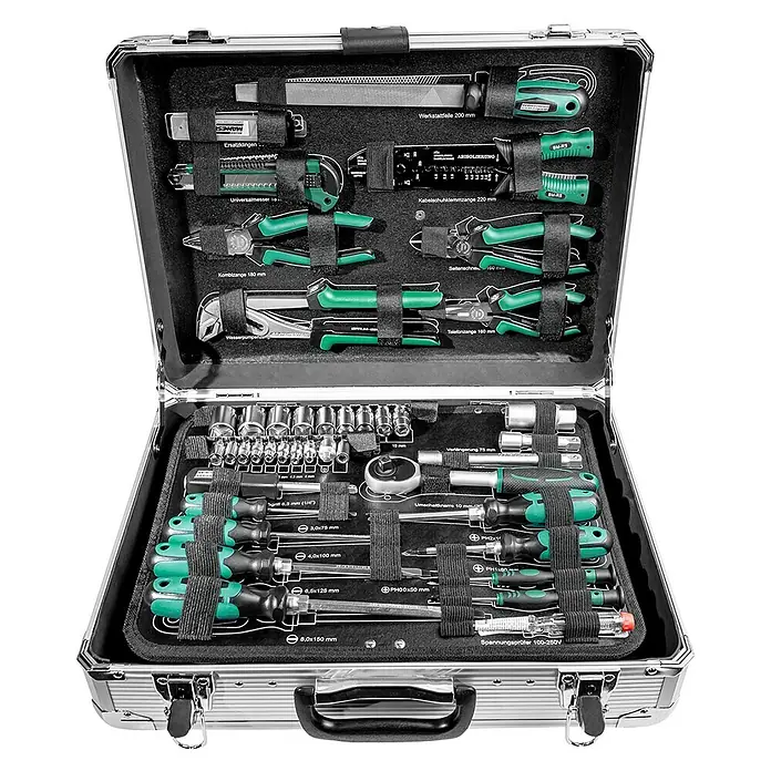 Brüder Mannesmann Werkzeugkoffer - L x B x H: 15,5 x 46,5 x 38,5 cm, 108 -tlg. - Ein offener Werkzeugkoffer aus Aluminium mit einer Vielzahl von Werkzeugen, ordentlich angeordnet und befestigt.