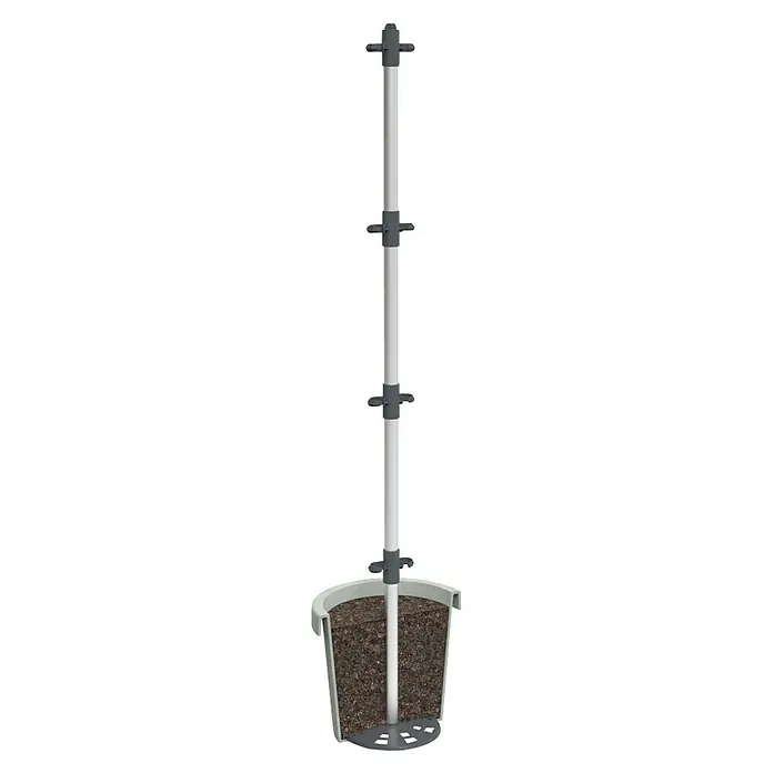 Gusta Garden Rankhilfe Tomato Buddy - Länge: 125 cm, 3 Stk. - Ein vertikaler Pflanzturm mit einem Topf voller Erde und einer Mittelsäule mit mehreren Aufhängern für Pflanzen.