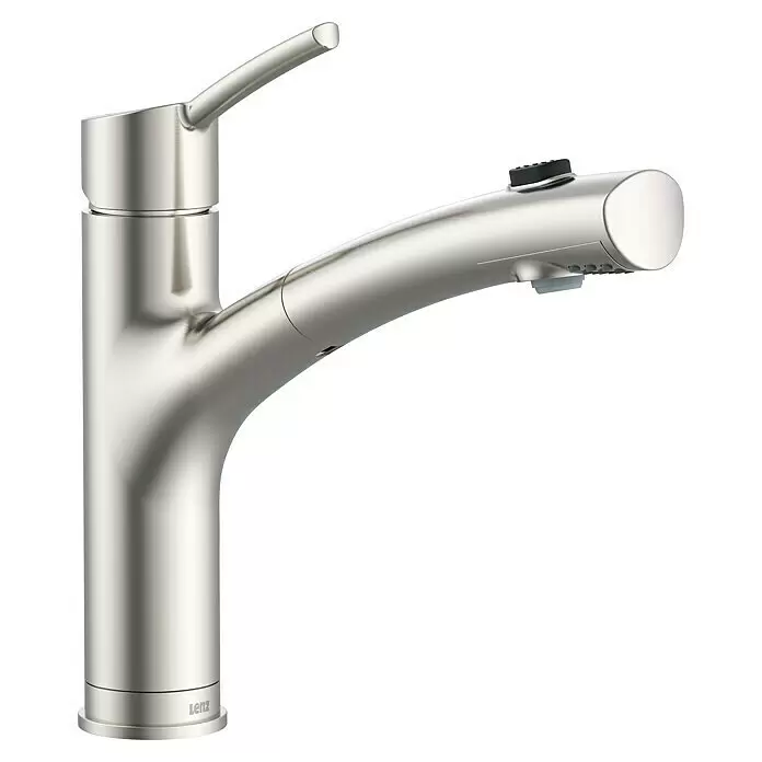 Lenz Spültischarmatur Nexo 2 - Nickel, Matt, Mit Handbrause - Küchenarmatur aus gebürstetem Nickel mit herausziehbarer Brause und schwarzem Bedienknopf.