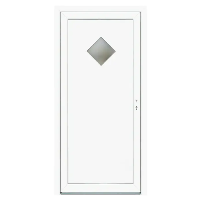 Nebeneingangstür KF-04 - 98 x 198 cm, DIN Anschlag: Rechts, Weiß - Elegante weiße Tür mit diamantförmigem Fenster. Ein Blickfang für jeden Eingangsbereich, der Stil und Sicherheit vereint.