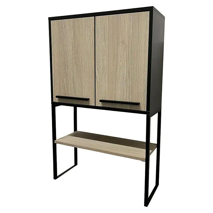 BAUHAUS Jannik Badmöbel-Set - Gesamtbreite Badmöbel: 64,6 cm, Eiche/Schwarz, Matt - Ein moderner Schreibtisch mit einem Bücherregalaufsatz, der Stauraum und eine Arbeitsfläche in einem bietet. Die helle Holzoptik harmoniert mit dem schwarzen Metallgestell.