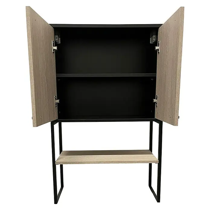 BAUHAUS Jannik Badmöbel-Set - Gesamtbreite Badmöbel: 64,6 cm, Eiche/Schwarz, Matt - Offener Holzschrank mit schwarzem Innenraum und Metallgestell, der stilvolle Stauraumlösungen bietet.