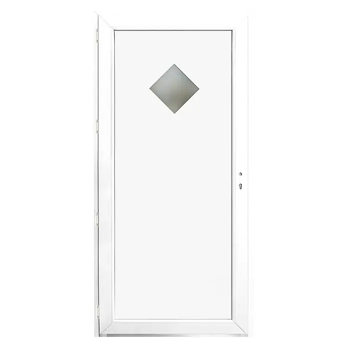 Nebeneingangstür KF-04 - 98 x 198 cm, DIN Anschlag: Links, Weiß - Die weiße Tür hat ein kleines quadratisches Fenster oben in der Mitte und einen Türgriff rechts. Sie ist modern, hell und minimalistisch gestaltet.