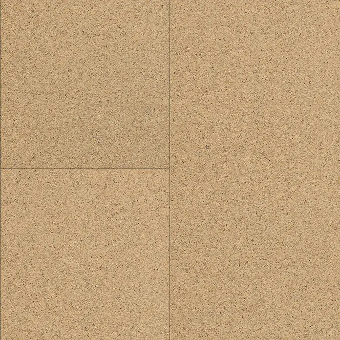 Corklife Korkboden - Sand Creme, 905 x 295 x 10,5 mm - Nahaufnahme einer Korktafel, die in vier quadratische Abschnitte unterteilt ist, mit einer feinen Textur und natürlichen Farbvariationen.