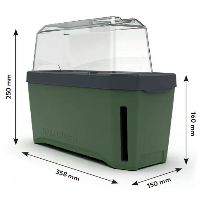 Gusta Garden Kräutertopf Harry Herbs - Kunststoff, Dunkelgrün - Produktbild eines Harry Herbs Anzuchtkastens mit transparentem Deckel und Größenangaben.