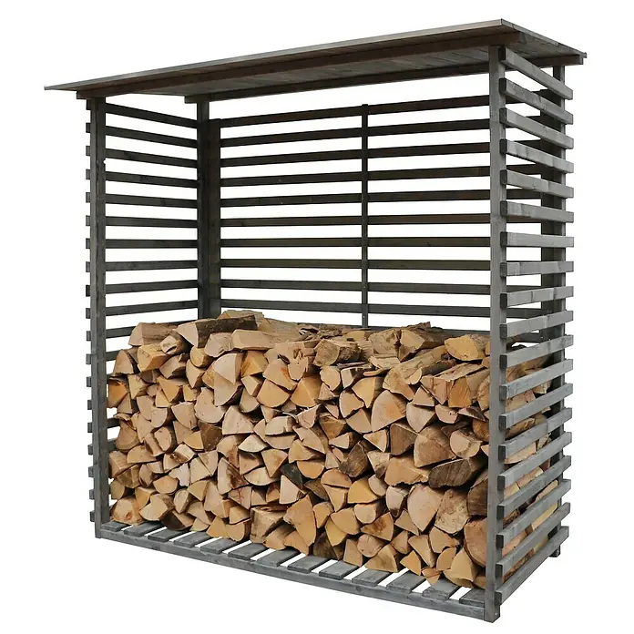 Joda Kaminholzregal Taunus - 195 x 100 x 201 cm, Holz, Grau - Graues Holzregal voll mit Brennholz. Das Regal bietet Schutz vor Witterungseinflüssen und sorgt für Ordnung bei der Lagerung des Holzes.