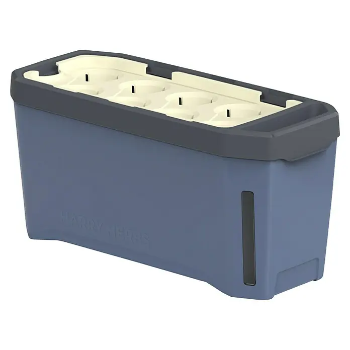 Gusta Garden Kräutertopf Harry Herbs - Kunststoff, Blau - Nahaufnahme eines Happy Herbs Kräutertopfes in blau-grau mit Fächern für Kräuter. Optimal für den Küchengebrauch, um frische Kräuter anzubauen.
