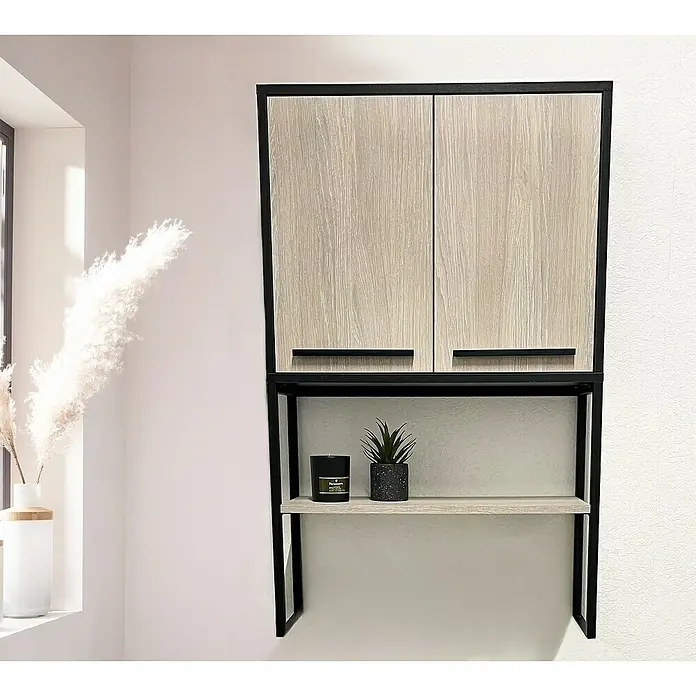 BAUHAUS Jannik WaschmaschinenregalL x B x H: 24 x 64,6 x 102,5 cm, Steinesche/Schwarz - Ein stilvolles Wandregal mit Schrankfächern, ideal für zusätzliche Aufbewahrung und zur Präsentation von Deko-Objekten im modernen Wohnraum.