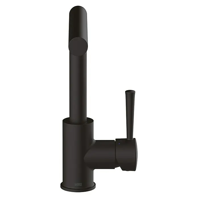 Lenz Spültischarmatur Olina - Schwarz, Matt, Höhe: 27,7 cm, Messing - Nahaufnahme einer schwarzen LENZ-Küchenarmatur, die modernes Design und Funktionalität vereint. Ein stilvolles Highlight für jede Küche.