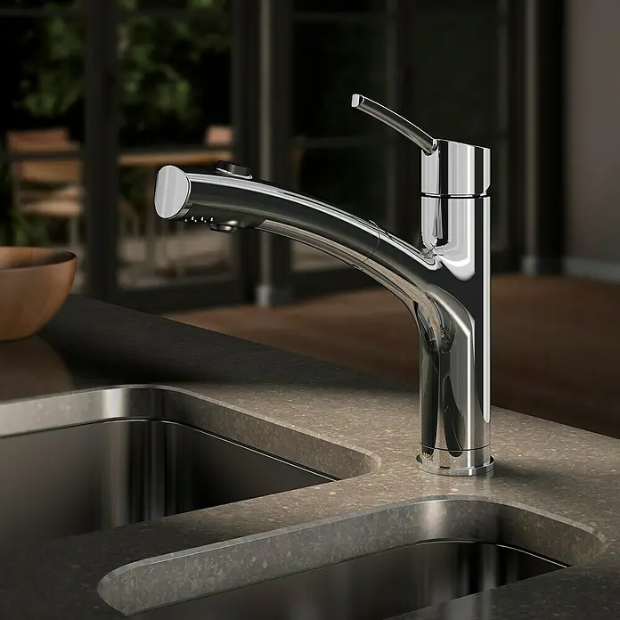 Lenz Spültischarmatur Nexo 2 - Chrom, Glänzend, Mit Handbrause - Nahaufnahme einer glänzenden Küchenarmatur aus Chrom über einer Spüle, die modernes Design und Funktionalität vereint.