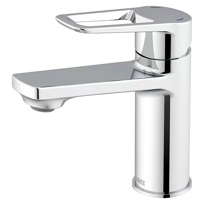 Lenz Waschtischarmatur Vega -  - Moderner Einhebel-Badmischer aus poliertem Chrom mit elegantem, rechteckigem Auslauf. Markenname 'Lenz' sichtbar.