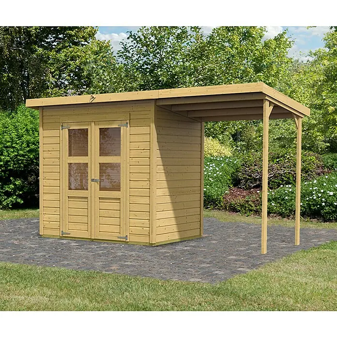 Karibu Gartenhaus Merseburg 3 - Außenmaß inkl. Dachüberstand (B x T): 390 x 175 cm, Holz, Natur, Mit Seitendach - Holzschuppen mit Vordach, ideal für Gartenwerkzeuge und -möbel. Praktischer Stauraum im Freien.