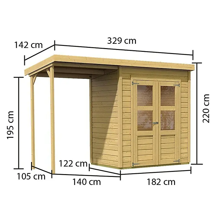 Karibu Gartenhaus Merseburg 2 - Außenmaß inkl. Dachüberstand (B x T): 329 x 142 cm, Holz, Natur, Mit Seitendach - Abbildung eines Holzgartenhauses mit überdachtem Eingangsbereich und Maßangaben. Ideal für die Aufbewahrung von Gartengeräten.