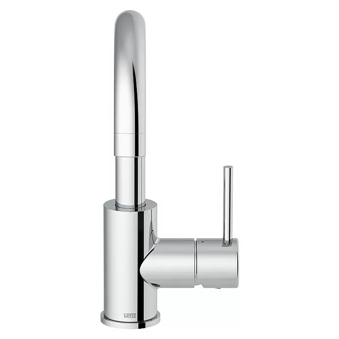 Lenz Bow Waschtischarmatur 2 - Niederdruck, Chrom, Glänzend - Moderner, verchromter Einhebelmischer mit schlankem Design und kleiner blauer Warm-/Kaltanzeige.