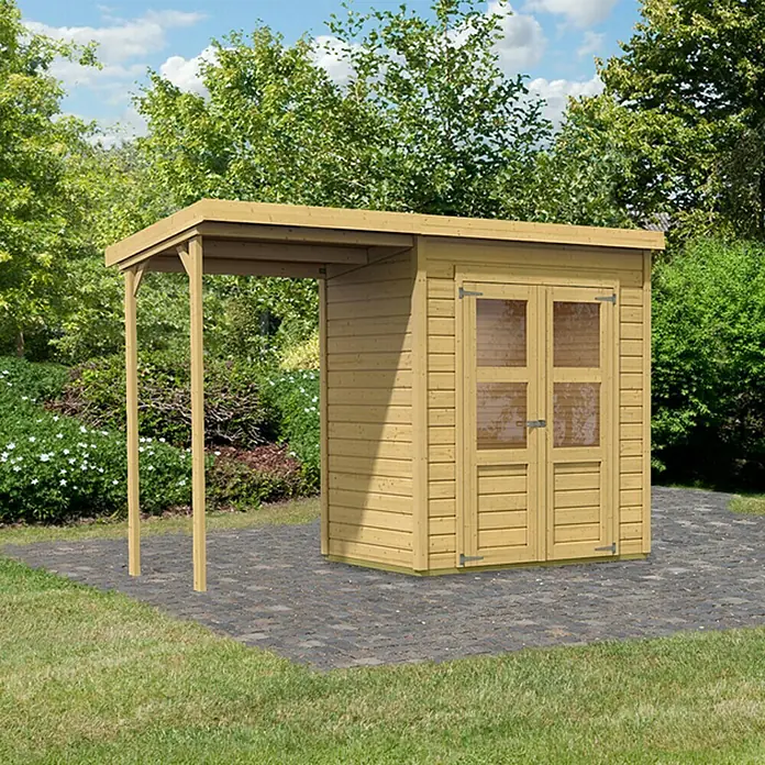 Karibu Gartenhaus Merseburg 2 - Außenmaß inkl. Dachüberstand (B x T): 329 x 142 cm, Holz, Natur, Mit Seitendach - Gartenhaus mit Vordach: Praktisches Gartenhaus mit Doppeltür und einem zusätzlichen Vordach für zusätzlichen Stauraum oder als Unterstand.