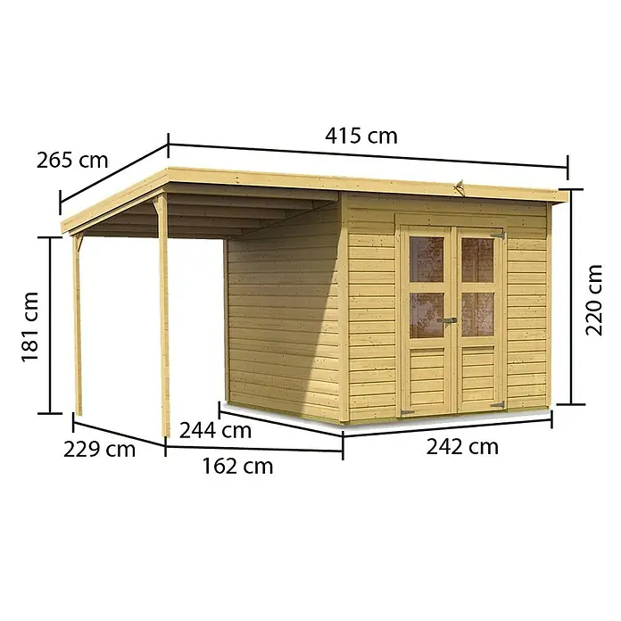 Karibu Gartenhaus Merseburg 6 - Außenmaß inkl. Dachüberstand (B x T): 415 x 265 cm, Holz, Natur, Mit Seitendach - Abbildung eines Holzgartenschuppens mit Vordach und Maßangaben zur Veranschaulichung der Abmessungen.