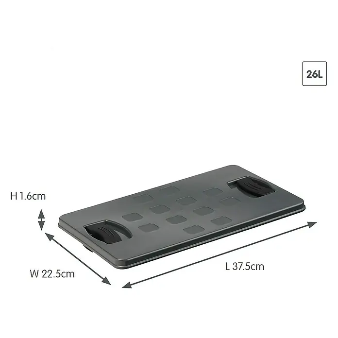 Sunware Deckel Square - L x B x H: 37,5 x 22,5 x 1,6 cm, Passend für: Sunware Aufbewahrungsbox Square, Kunststoff, Anthrazit - Bild einer grauen 26L Box mit den Maßen 37,5 cm Länge, 22,5 cm Breite und 1,6 cm Höhe.