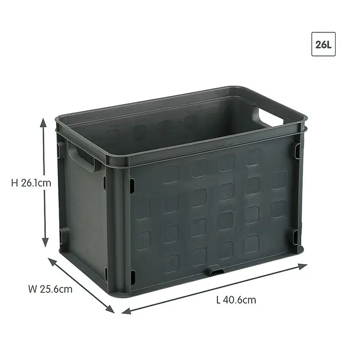 Sunware Aufbewahrungsbox Square - L x B x H: 40,6 x 25,6 x 26,1 cm, Kunststoff, Anthrazit, Geschlossen - Das Bild zeigt eine graue 26L Aufbewahrungsbox aus Kunststoff mit den Maßen 40.6cm x 25.6cm x 26.1cm. Sie ist leer und für Lagerung geeignet.
