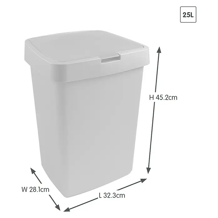 Sunware Standard Mülleimer Delta - 25 l, Weiß, Kunststoff - Abbildung eines 25-Liter-Abfalleimers mit Deckel, der 45,2 cm hoch, 32,3 cm lang und 28,1 cm breit ist. Perfekt für jeden Raum.