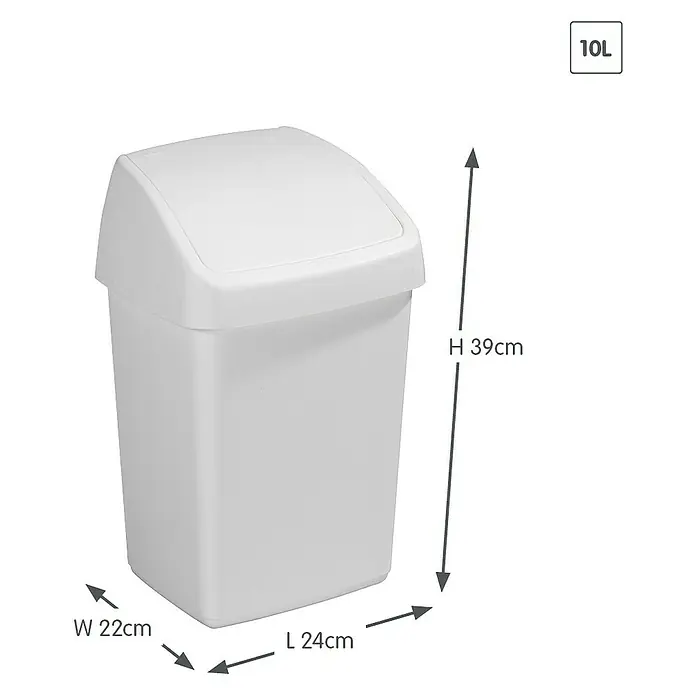 Sunware Schwingdeckeleimer Delta - 10 l, Kunststoff, Weiß - Bild eines weißen 10L Schwingdeckeleimers mit den Maßen Höhe 39cm, Breite 22cm und Länge 24cm.