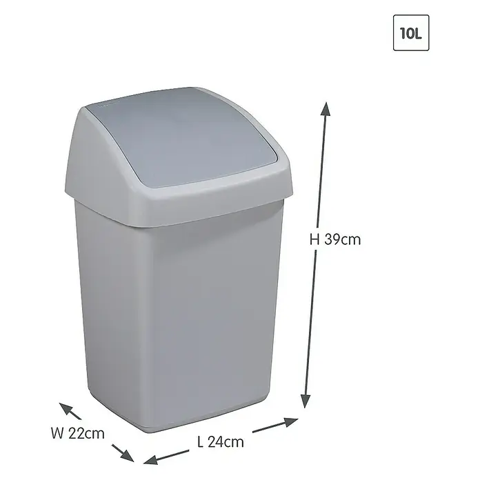 Sunware Schwingdeckeleimer Delta - 10 l, Kunststoff, Grau - Bild eines grauen 10L Schwingdeckeleimers mit den Maßen 39x22x24cm, ideal für Bad oder Küche. Praktisch und stilvoll.