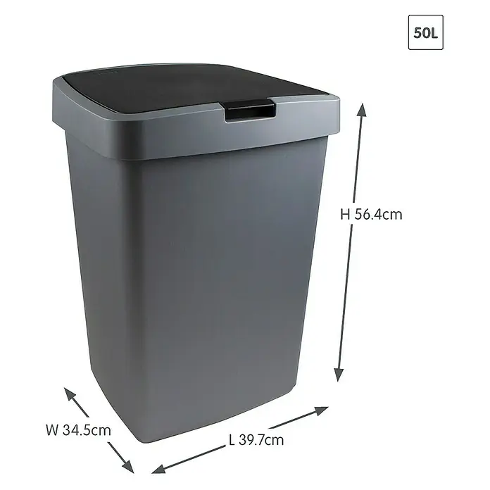 Sunware Standard Mülleimer Delta - 50 l, Metallgrau/Schwarz, Kunststoff - Abbildung eines grauen 50L Abfalleimers mit den Maßen H 56.4cm, B 34.5cm, L 39.7cm für den Haushalt.