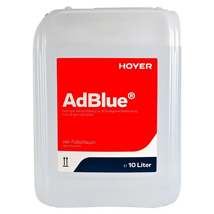 Hoyer AdBlue10 l - Kanister mit AdBlue von Hoyer. Hochreine Harnstofflösung zur Abgasnachbehandlung, gemäß ISO 22241, mit Füllschlauch und einem Füllvolumen von 10 Litern.
