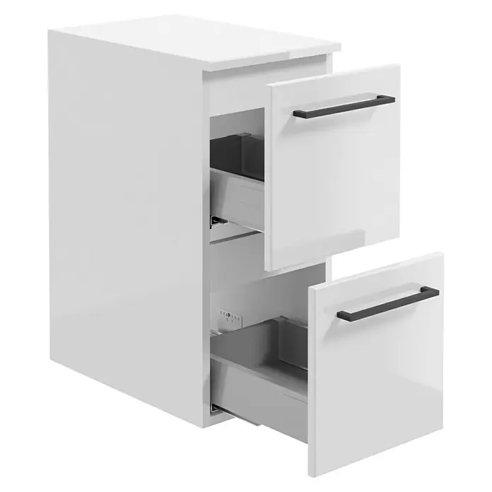 Camargue Espacio Unterschrank - 30 x 46 x 60 cm, Farbe Griff: Schwarz, Mira - Moderner weißer Schubladenschrank mit zwei offenen Schubladen und schwarzen Griffen.