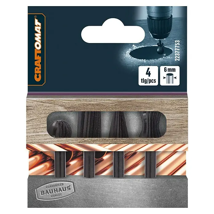 Craftomat Fräserfeilen-Set - 4 -tlg. - Bild einer Craftomat Drahtbürste mit 4 Teilen, 6 mm Durchmesser, für Bohrmaschinen, geeignet für Holz- und Metallbearbeitung.