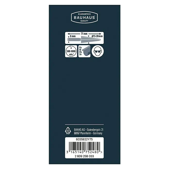 Craftomat Blechschälbohrer - 5 mm - 20 mm, Stahl - Produktdetails: Bauhaus Qualitätsbohrer, 8 mm Schaft, 71 mm Länge, 5-20 mm Durchmesser, 500-1000 U/min, Kupfer/Nickel/Messing/Zink Material.