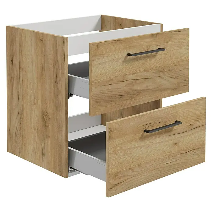 Camargue Espacio Waschtischunterschrank - 60 x 46 x 60 cm, Farbe Griff: Schwarz, 2 Schubkästen, Doce - Ein Badezimmerschrank mit zwei offenen Schubladen und Holzdekor sorgt für Ordnung im Bad. Praktisch und stilvoll.