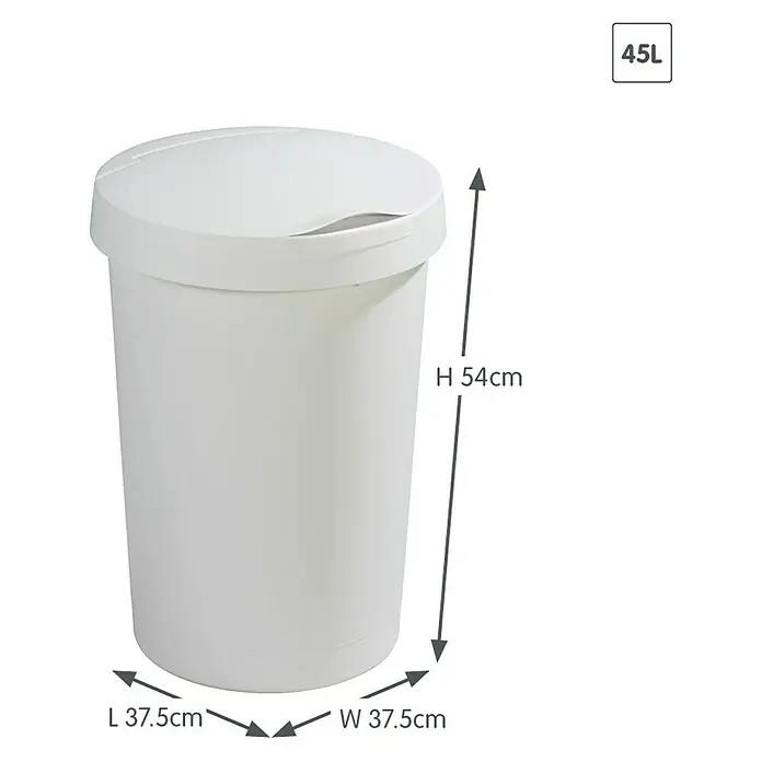 Sunware Standard Mülleimer Twinga - 45 l, Weiß, Kunststoff - Weißer 45-Liter-Abfalleimer mit Deckel und Maßangaben. Praktisch und ideal für Küche oder Bad.