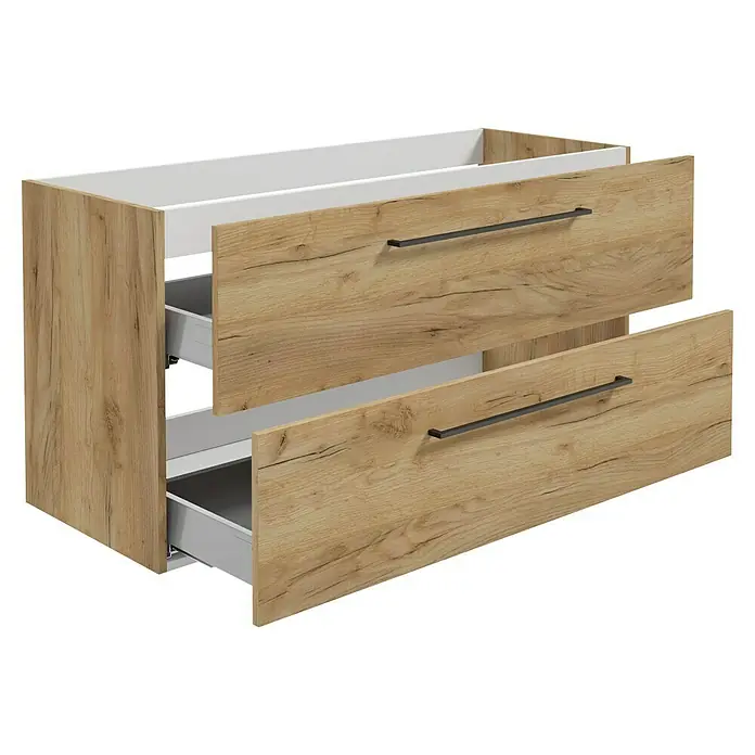 Camargue Espacio Waschtischunterschrank - 120 x 46 x 60 cm, Farbe Griff: Schwarz, 2 Siphonausschnitte, Doce - Ein Unterschrank mit zwei Schubladen in Holzoptik und schwarzen Griffen, die teilweise geöffnet sind, präsentiert das Innenleben.