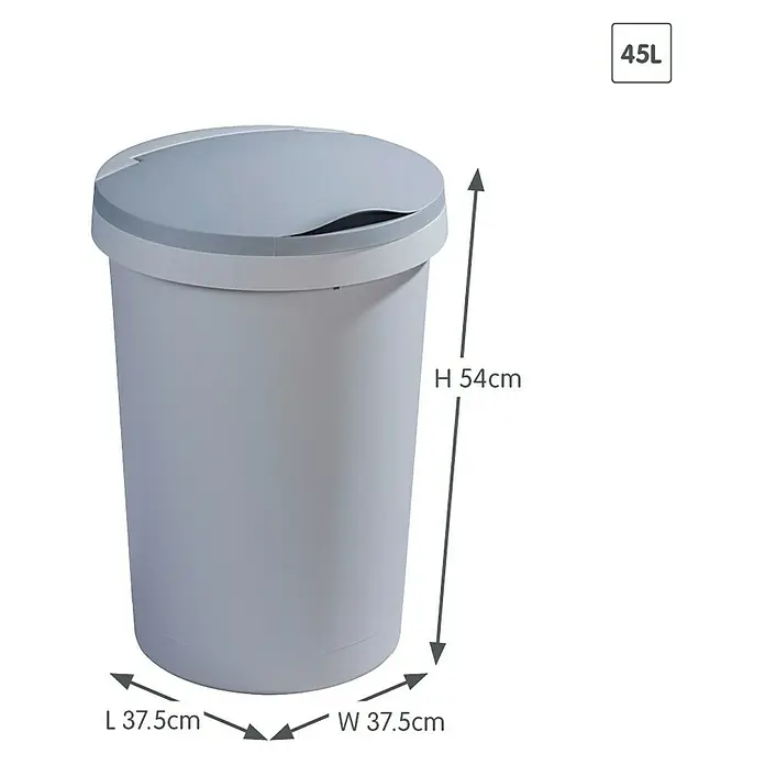 Sunware Standard Mülleimer Twinga - 45 l, Grau, Kunststoff - Bild eines grauen 45L-Schwingdeckeleimers mit den Maßen H 54cm, L 37.5cm, W 37.5cm.