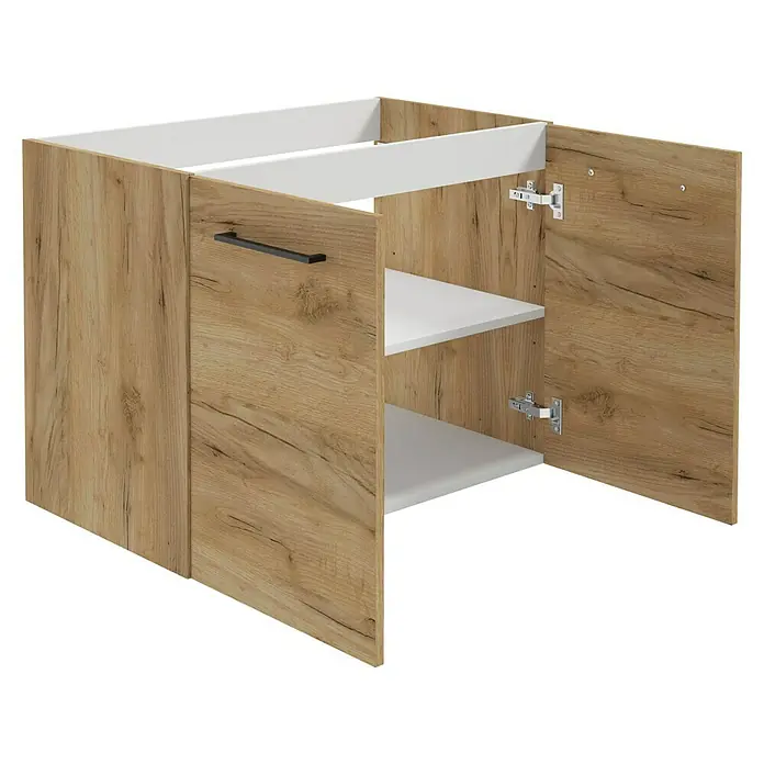 Camargue Espacio Waschtischunterschrank - 80 x 46 x 60 cm, Farbe Griff: Schwarz, 1 Einlegeboden, Doce - Offener Holzschrank mit weißen Regalen. Das Möbelstück hat eine moderne Optik und bietet praktischen Stauraum.