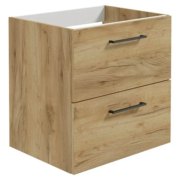 Camargue Espacio Waschtischunterschrank - 60 x 46 x 60 cm, Farbe Griff: Schwarz, 2 Schubkästen, Doce - Moderner Waschtischunterschrank in Holzoptik mit zwei Schubladen und schwarzen Griffen für ein stilvolles Badezimmerambiente.