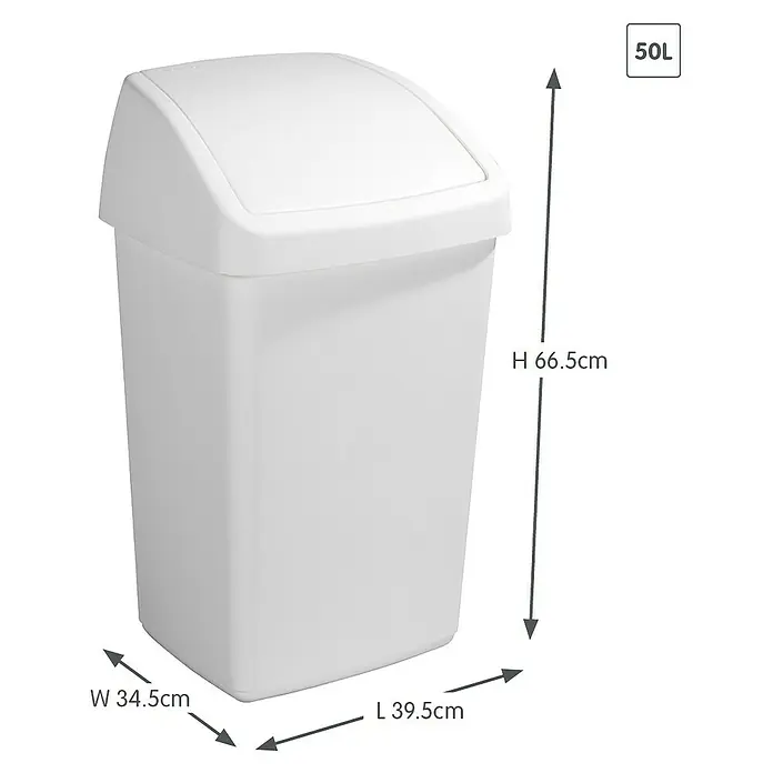 Sunware Schwingdeckeleimer Delta - 50 l, Kunststoff, Weiß - Bild eines weißen 50L Schwingdeckeleimers mit Maßangaben zu Höhe, Breite und Länge.