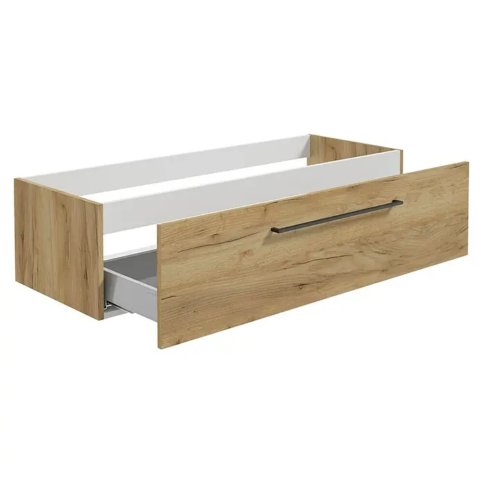 Camargue Espacio Waschtischunterschrank - 120 x 46 x 30 cm, Farbe Griff: Schwarz, Doce - Schubladenelement in Holzoptik mit silberfarbenem Griff. Die Schublade ist teilweise ausgezogen und gibt den Blick auf den grauen Innenraum frei.
