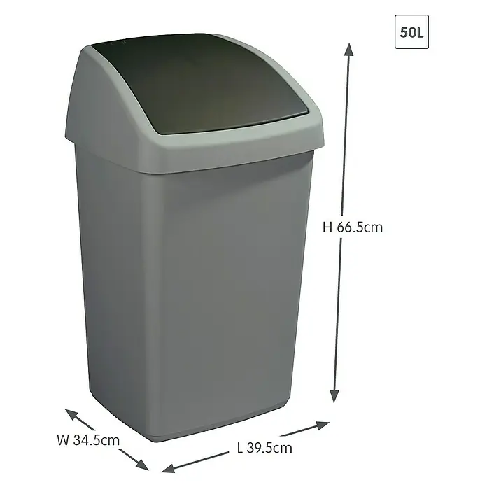 Sunware Schwingdeckeleimer Delta - 50 l, Kunststoff, Metallgrau/Schwarz - Bild eines grauen 50L Schwingdeckeleimers mit den Maßen 66,5cm Höhe, 34,5cm Breite und 39,5cm Länge.