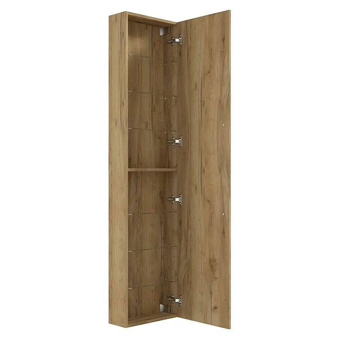 Camargue Espacio Hochschrank - 40 x 17 x 170 cm, Farbe Griff: Schwarz, Doce - Aufnahme eines hohen Badezimmerschranks in Holzoptik mit geöffneter Tür und Regalböden, der viel Stauraum bietet.