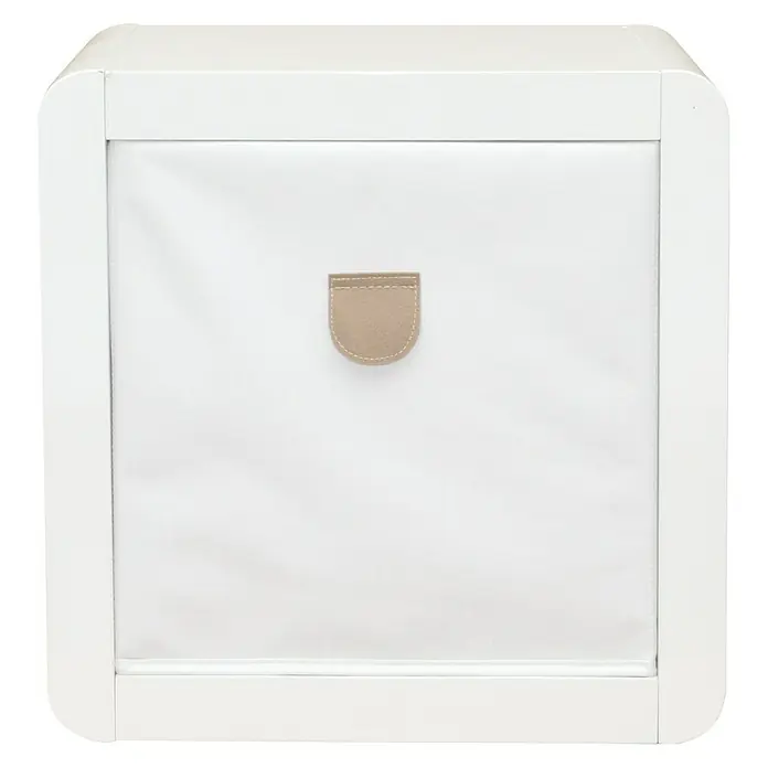 Phönix Beistelltisch Prana - L x B x H: 35 x 42,7 x 42,7 cm, Weiß - Weißer Würfel mit hellem Ledergriff. Das quadratische Aufbewahrungsmöbel ist perfekt für die Aufbewahrung von Spielzeug und anderen Gegenständen.