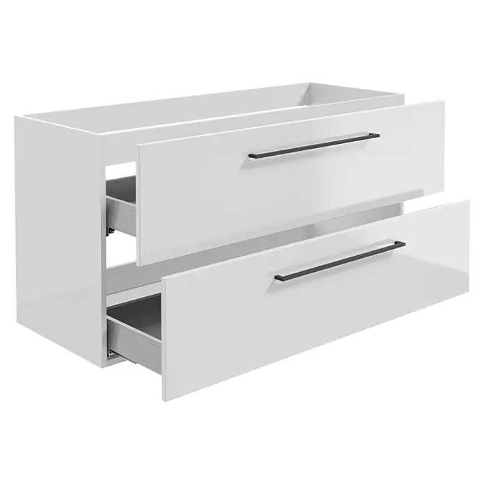 Camargue Espacio Waschtischunterschrank - 120 x 46 x 60 cm, Farbe Griff: Schwarz, 2 Siphonausschnitte, Mira - Weißer Unterschrank mit zwei Schubladen und schwarzen Griffen, teilweise geöffnet für Einblick in den Stauraum.