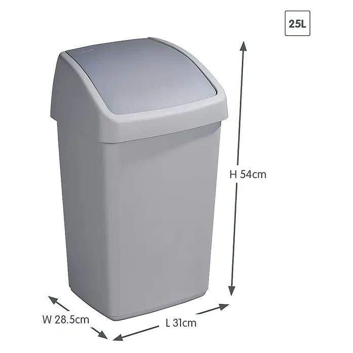 Sunware Schwingdeckeleimer Delta - 25 l, Kunststoff, Grau - Abbildung eines grauen 25L Schwingdeckeleimers mit den Maßen H 54cm, B 28.5cm und L 31cm zur Illustration der Produktabmessungen.